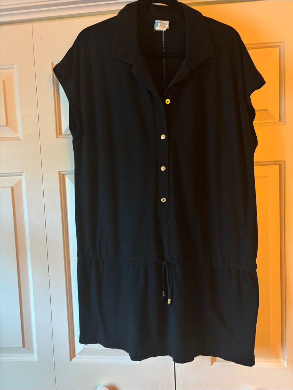 Black Collared Shirt Dress with Drawstring at Hips